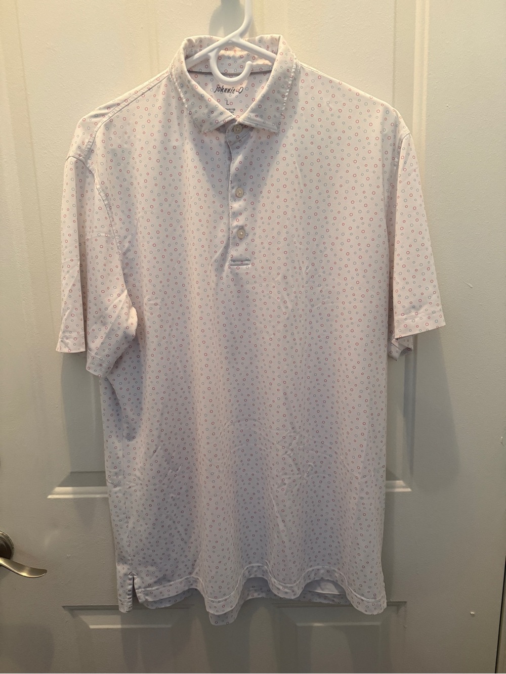 Johnnie-O Polo Shirt Large White Red Blue Dot Print Stretch Golf Performance